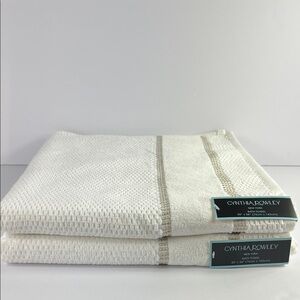 Cynthia Rowley Bath Towels Off White with Tan Stripes Soft Cotton Set of 2 NEW